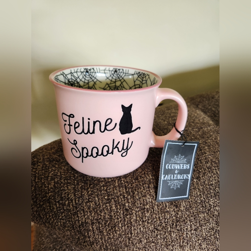 Cobwebs And Cauldrons Black Cat Mug Feline Spooky Spiderwebs Pink Halloween NWT